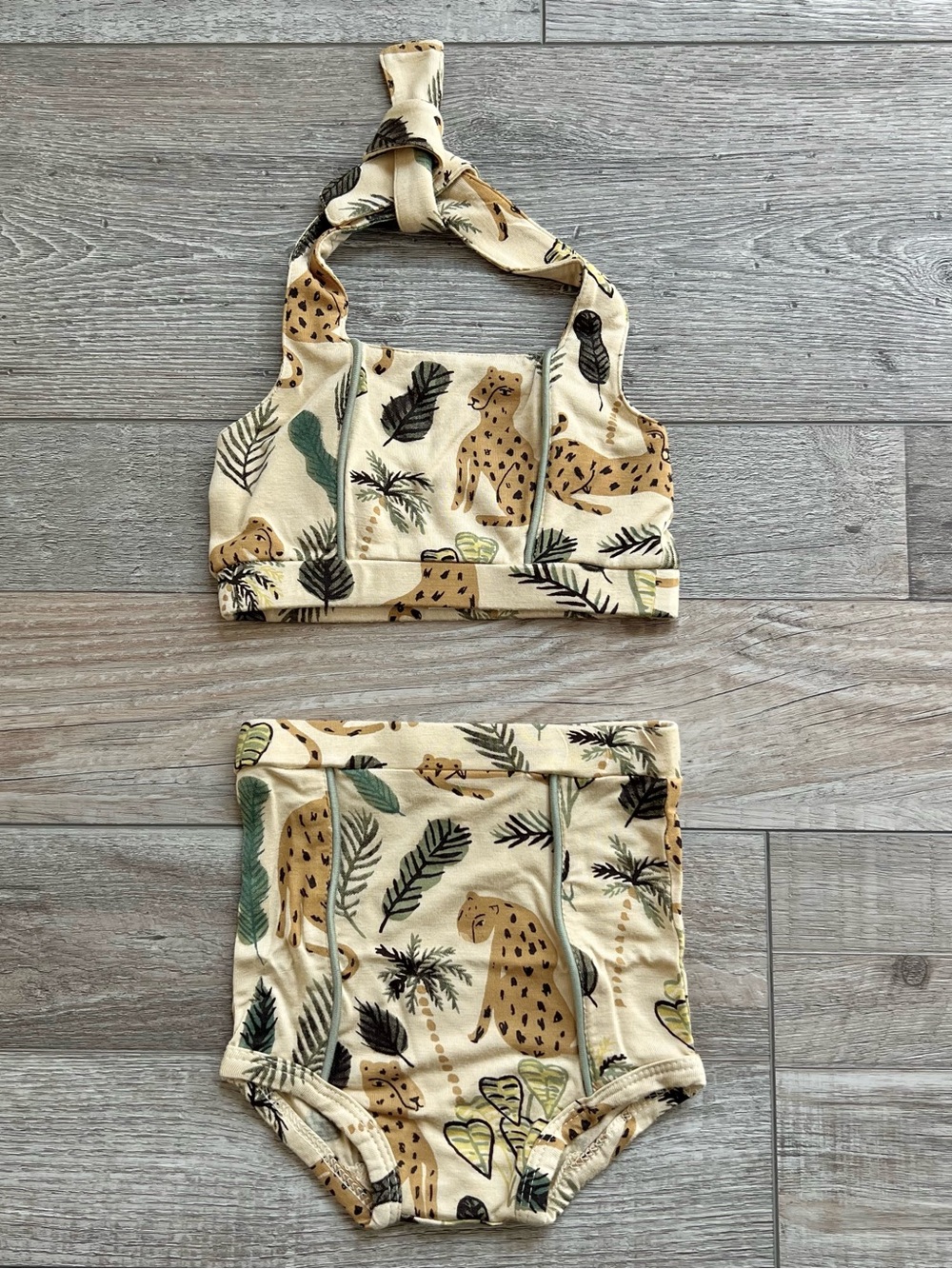 Kate Quinn Bamboo Piped Retro Halter Sunsuit in Leopard Size 12-18 Months